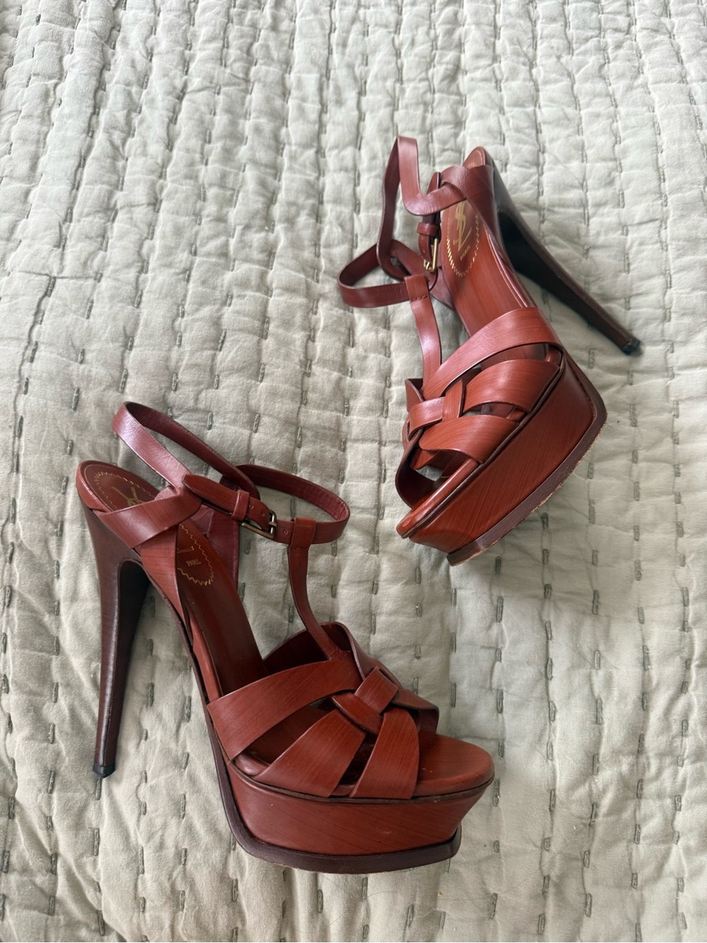 Yves Saint Laurent Burnt Brown Leather Platform T-Strap Heels